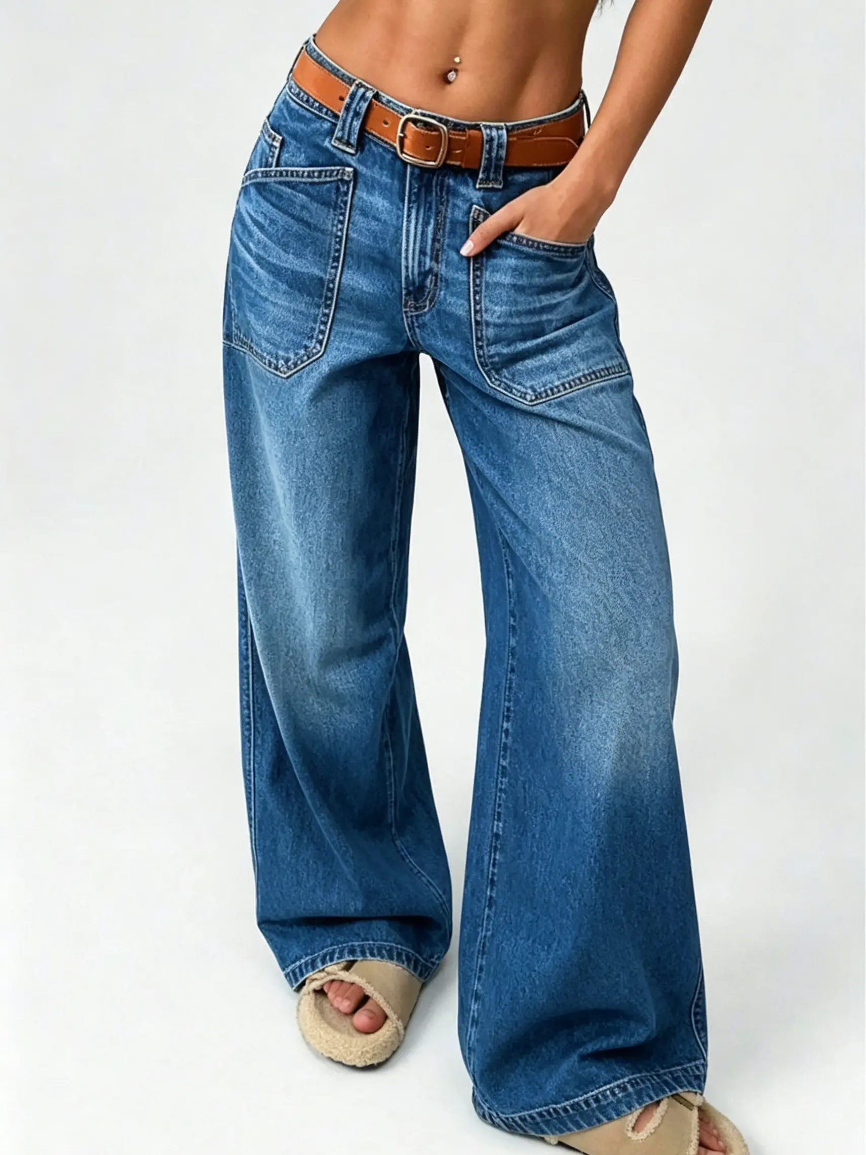 Women's high Rise Jeans Wide Leg Baggy Stretchy Boyfriend Trendy Casual Comfort Lounge Denim Pants with Pockets