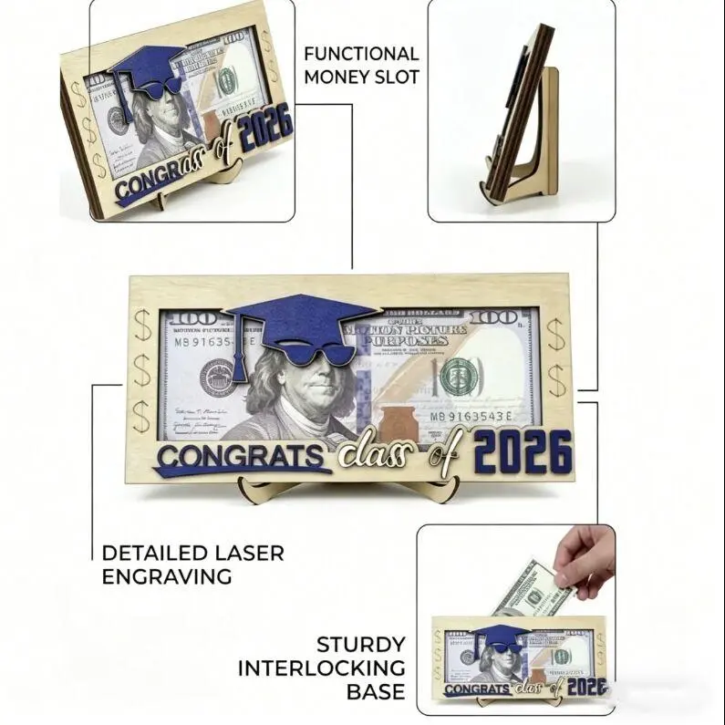 Creative Wooden Gift Holder 2026 Graduation - Unisex Free-Standing Senior Keepsake Engraved with 'Congrats Class of 2026', Graduation Cap Silhouette, Hilarious 'Cool Shades' Magic, Festive Party Supply, From Gift Table to Dorm Decor (Blue/Pink/Black)