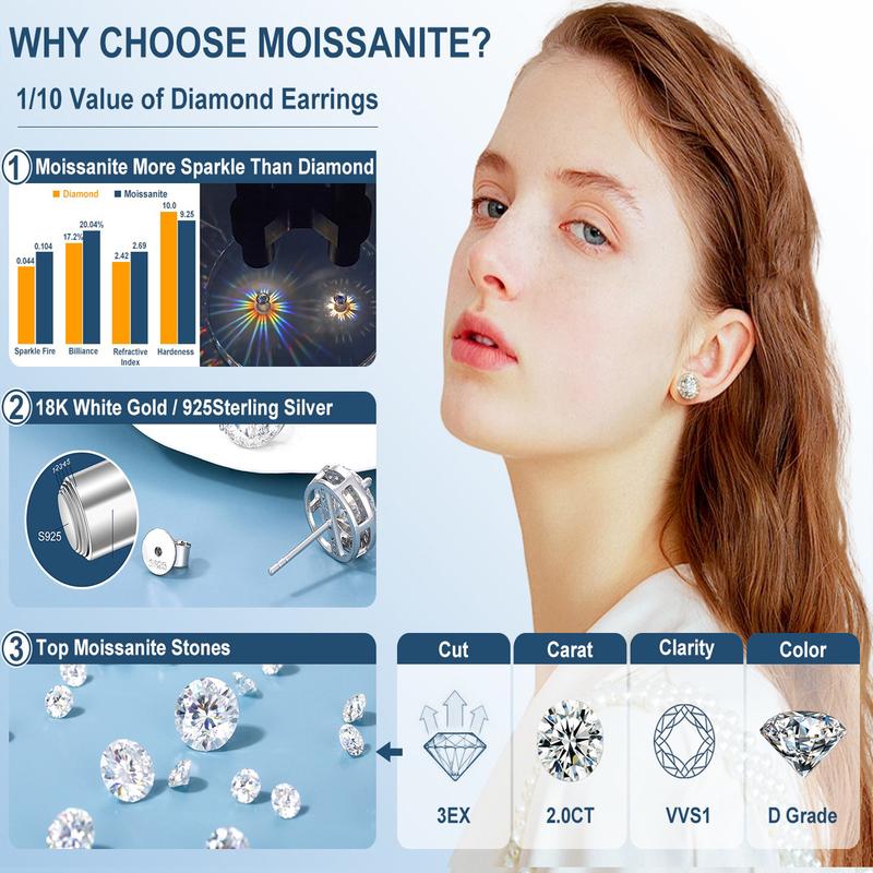 Delzzad 18k Gold-Plated Halo Stud Earrings Lab-Created Moissanite Earring S925 Sterling Silver Moissanite Jewelry Perfect Birthday Mother’s Day Christmas Gift for Men Women Wedding Set