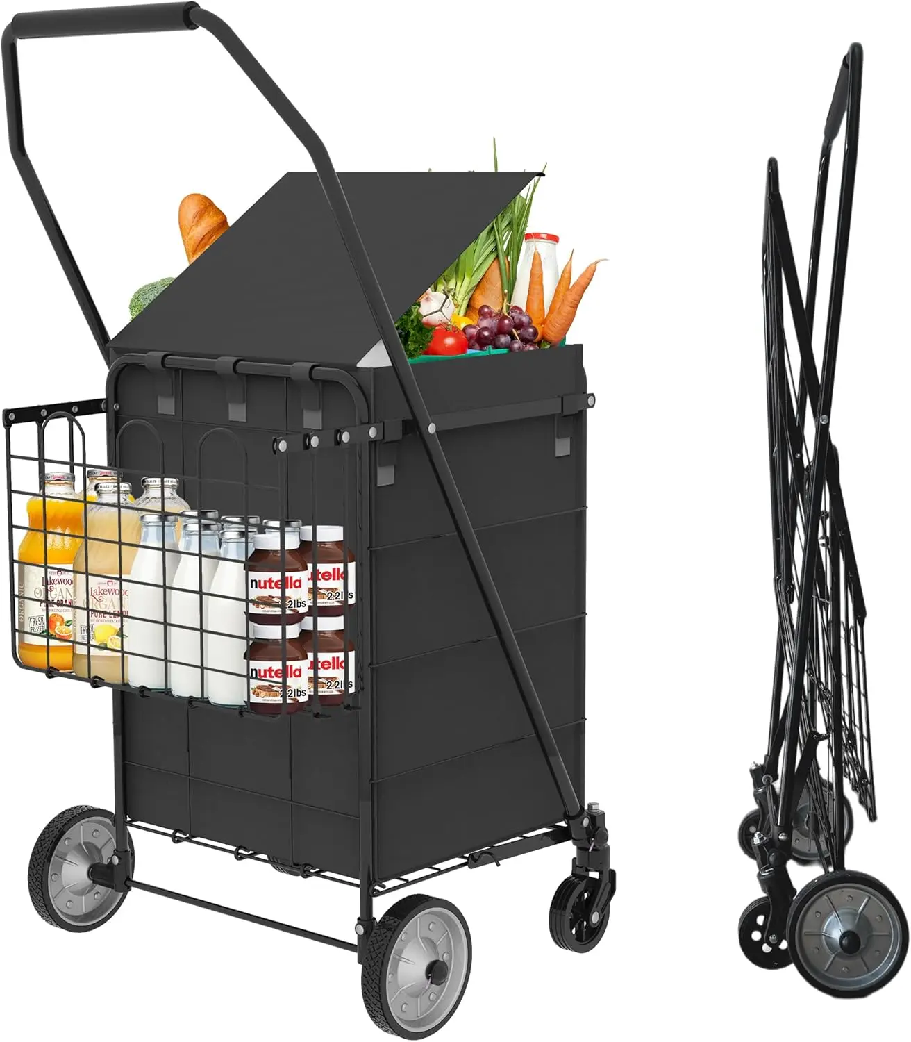 Shopping Cart Grocery Cart on Wheels - Waterproof Bag Included, 10-min Assembly Utility Wagon, Lightweight Shopping Cart with 360° Swivel Wheels for Grocery, Apartments, Laundry, Max Load 100 lbs
