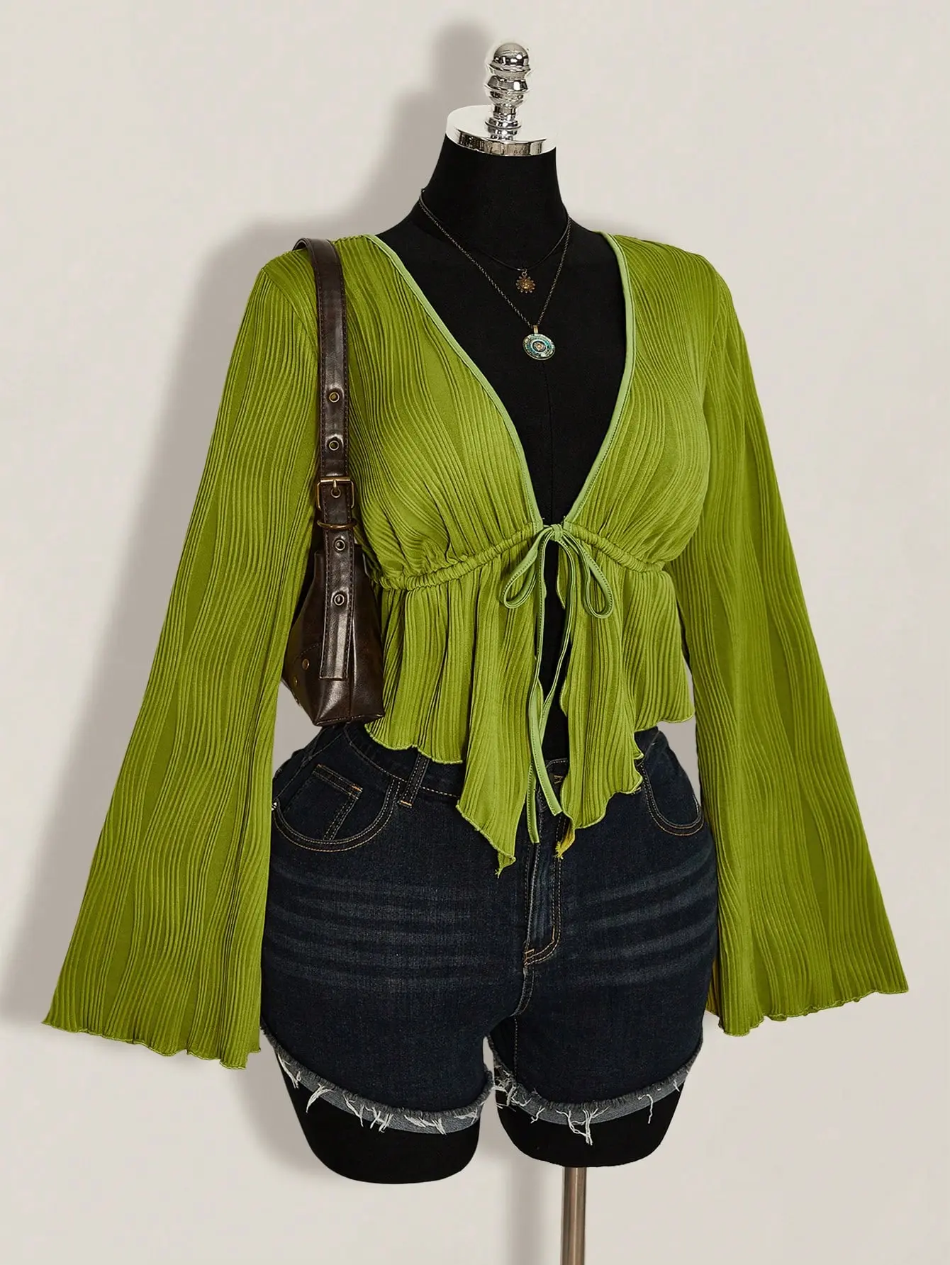 LALUZ Textured Solid Color Front Tie Flare Sleeve Asymmetric Hem Top Plus Size Women Elegant Boho Light Green Vacation