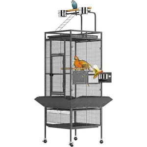 61 Inch Large Bird Cage, Metal Parakeet Cage with Play Top, Wood Perches & Feeder, Spacious Rolling Flight Cage for Parrots, Cockatiels, Conures, Cockatoos, Budgie, Canaries, Lovebirds