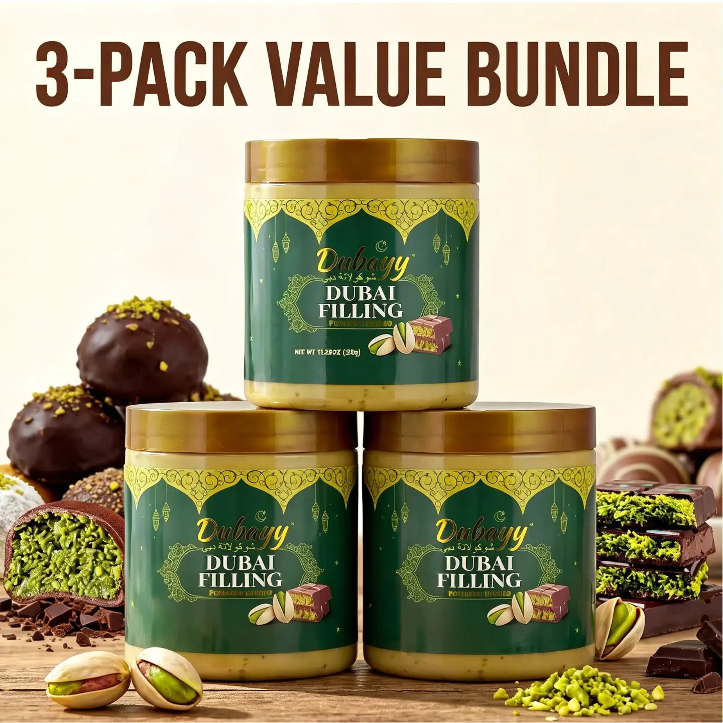 「3 x 11.29oz」  Upgraded Dubai Chocolate Jars - Dubai in a Jar, Gourmet Snack & Toast Topper, 30% Real Pistachio, Silky Texture, Crispy Kataifi, Chunky Cocoa Pieces, Quality Ingredients, Pistachio & Milk Chocolate Cream Blocks #tiktokshopsummersale