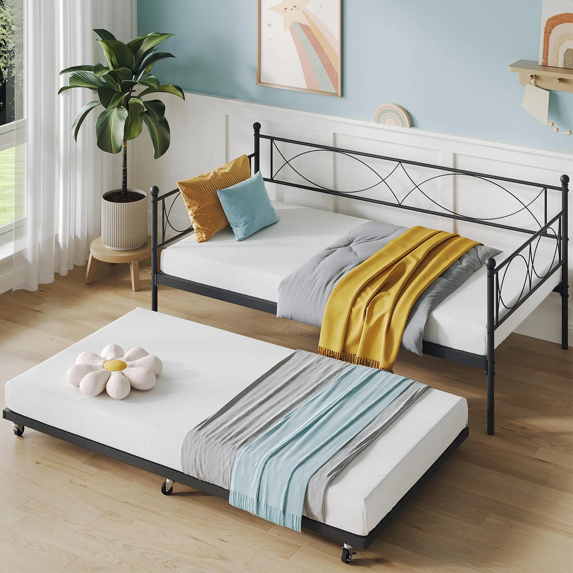 Garvee Twin Daybed with Trundle, Metal Day Bed, Sofa Bed Frame with Arched Headboard, Steel Slat Support, Sofa Day Bed for Living Room, Bedroom, Space Saving, Black