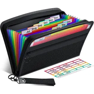Receipt  Organizer, 12 Pockets Small Accordion File Organizer, Junior Size 11x 6.6 Inches, Zipper Closure, Multi-Color Tabs