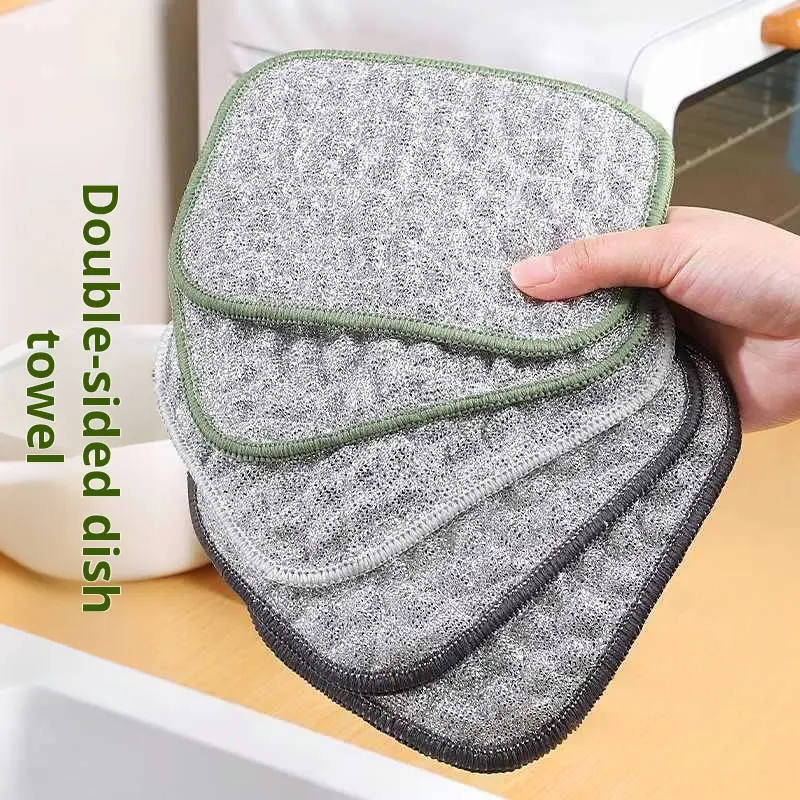 【Buy 1, Get 5】Stainless Steel Wire Dish Cloth Double-Layer Thickened Oil-Resistant Kitchen Silver Wire Cotton Yarn Dish Towel