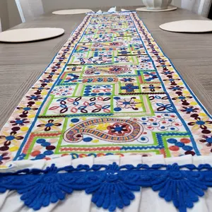 Boho Geometric Charm | 100% Linen Embroidered Table Runner  Colorful Handcrafted Art
