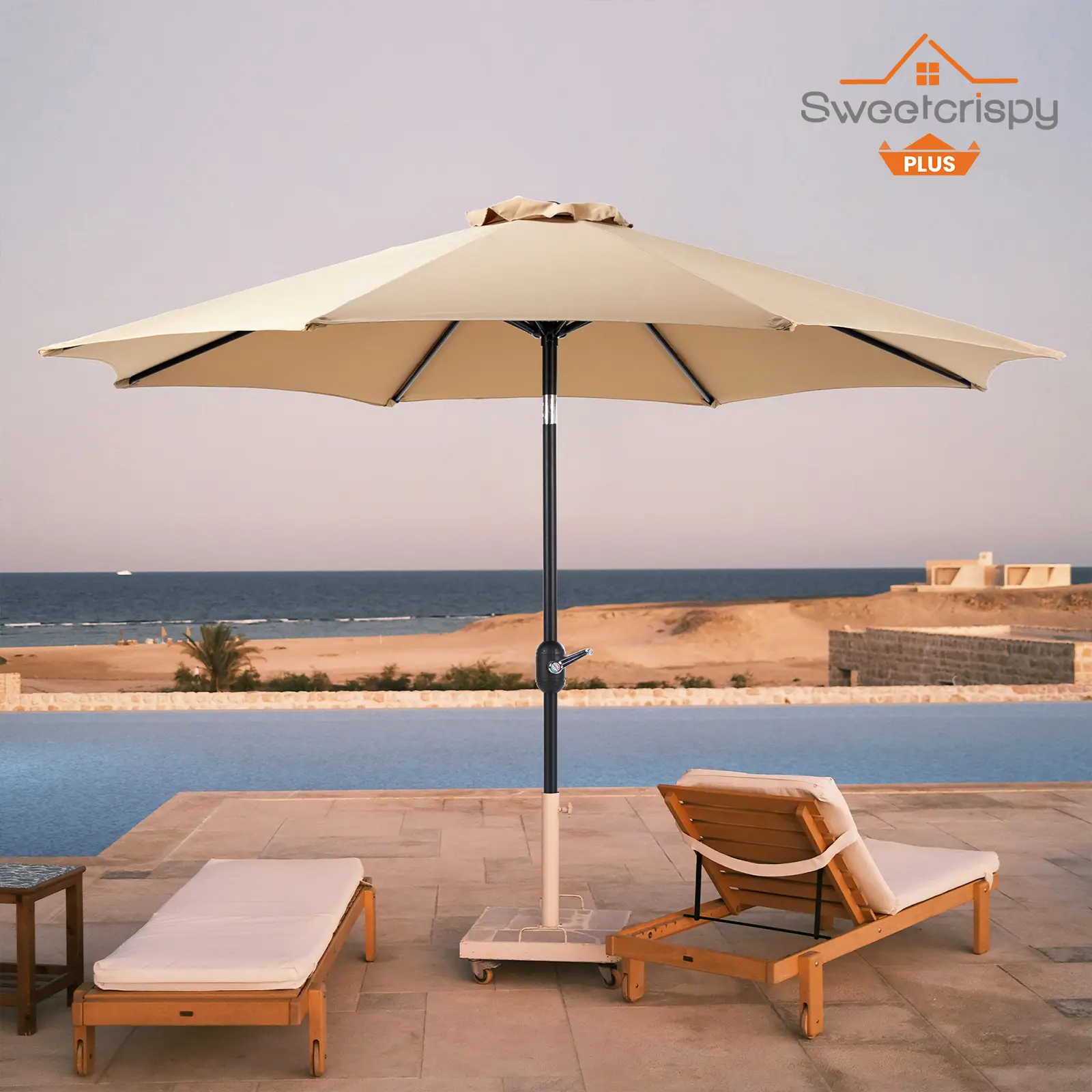 9FT Patio Umbrella with Push Button Tilt and Crank, Outdoor Pool Umbrella with 8 Sturdy Ribs for Market, Beach, Outdoor Restaurant