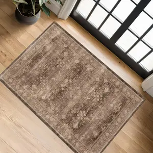 Warm Taupe Distressed Traditional Area Rug Neutral Vintage Oriental Floor Covering PrintToucan