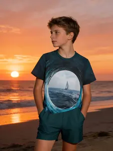 Kids 2 Piece Outfits Teal Blue Ocean Wave Vortex Sailboat Window Print Boys & Girls Summer Short Sleeve T Shirt + Shorts Set Casual Nautical Adventure Theme Breathable Casual Clothes for School Daily