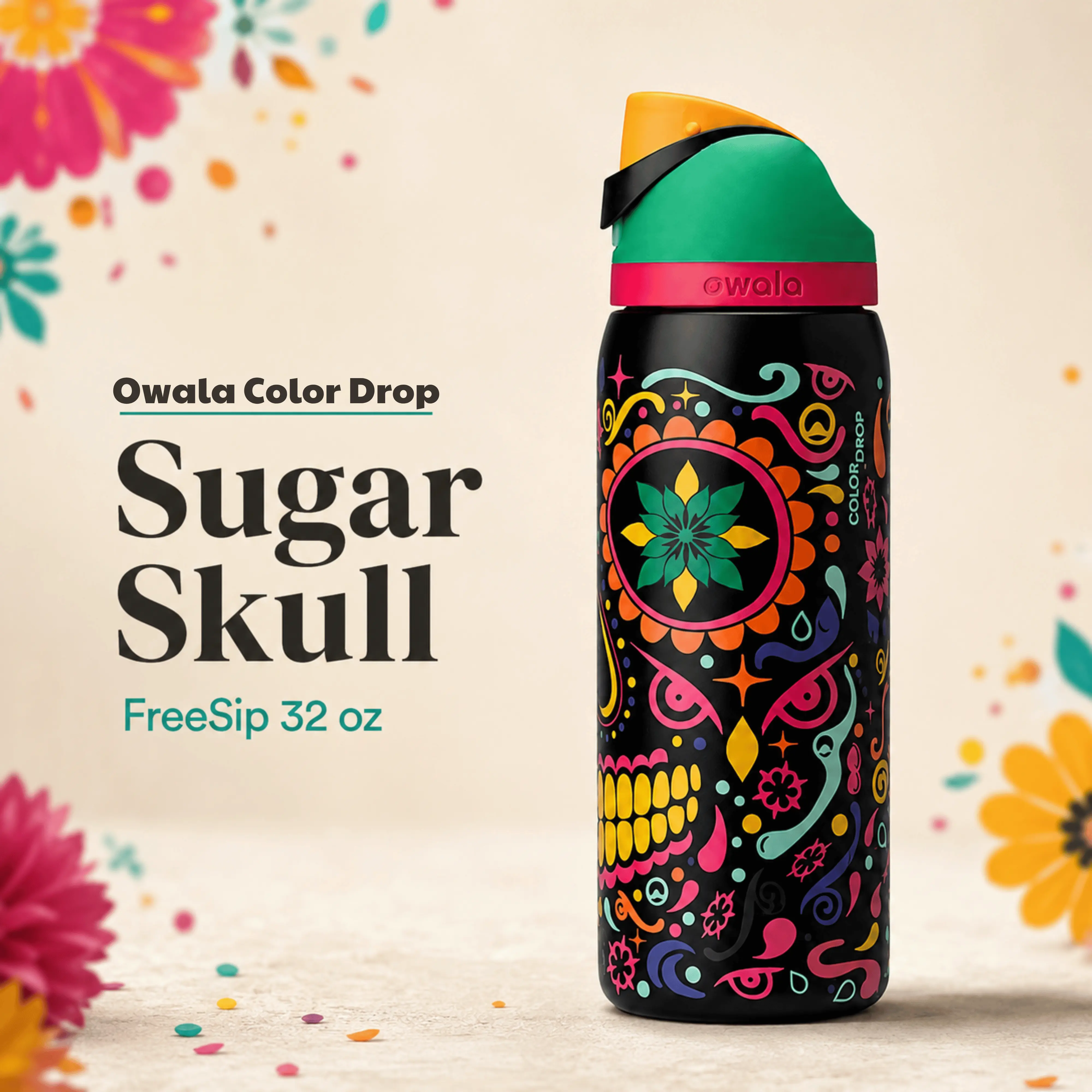 Owala Sugar Skull Color Drop FreeSip 32oz Glow-in-the-Dark Water Bottle, Día de los Muertos Limited Edition Insulated Stainless Steel Bottle, Halloween gifts for your loved ones,  Drinkware Flasks