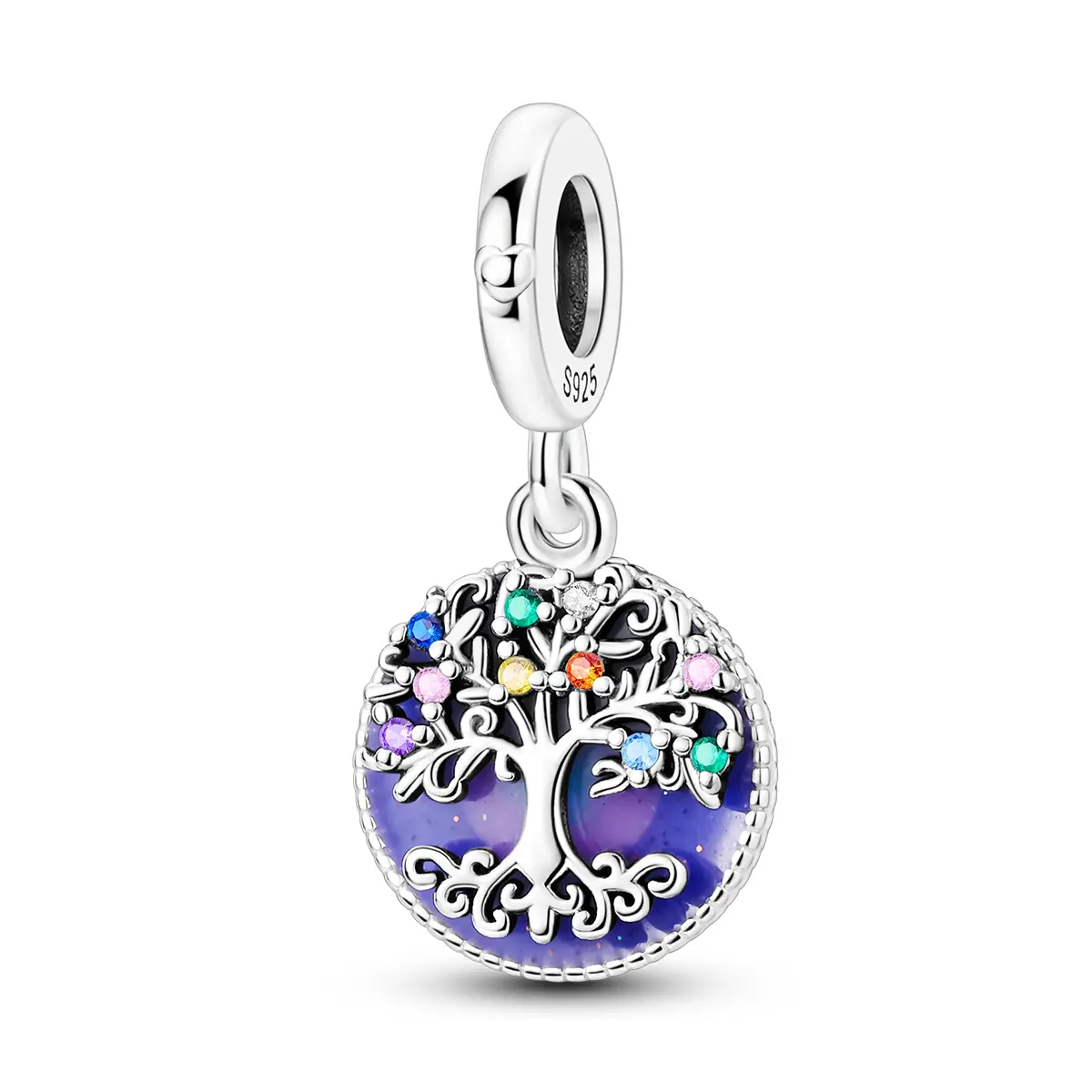 MULA S925 Silver-Plated Tree of Life Charm for Women, Casual Family Pendant with Colorful Cubic Zirconia & Purple Enamel, Pandora-Compatible
