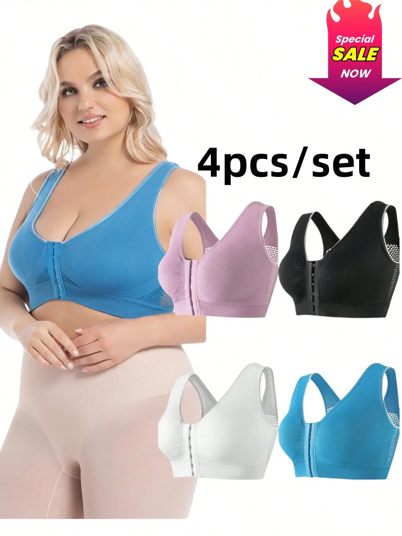 4pcs Plus Size Front Closure Sports Bras for Women - Seamless, yoga Breathable Mesh activewear  with Zigzag Pattern, Full Coverage Bralettes Comfort Fit