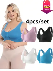 4pcs Plus Size Front Closure Sports Bras for Women - Seamless, yoga Breathable Mesh activewear  with Zigzag Pattern, Full Coverage Bralettes Comfort Fit