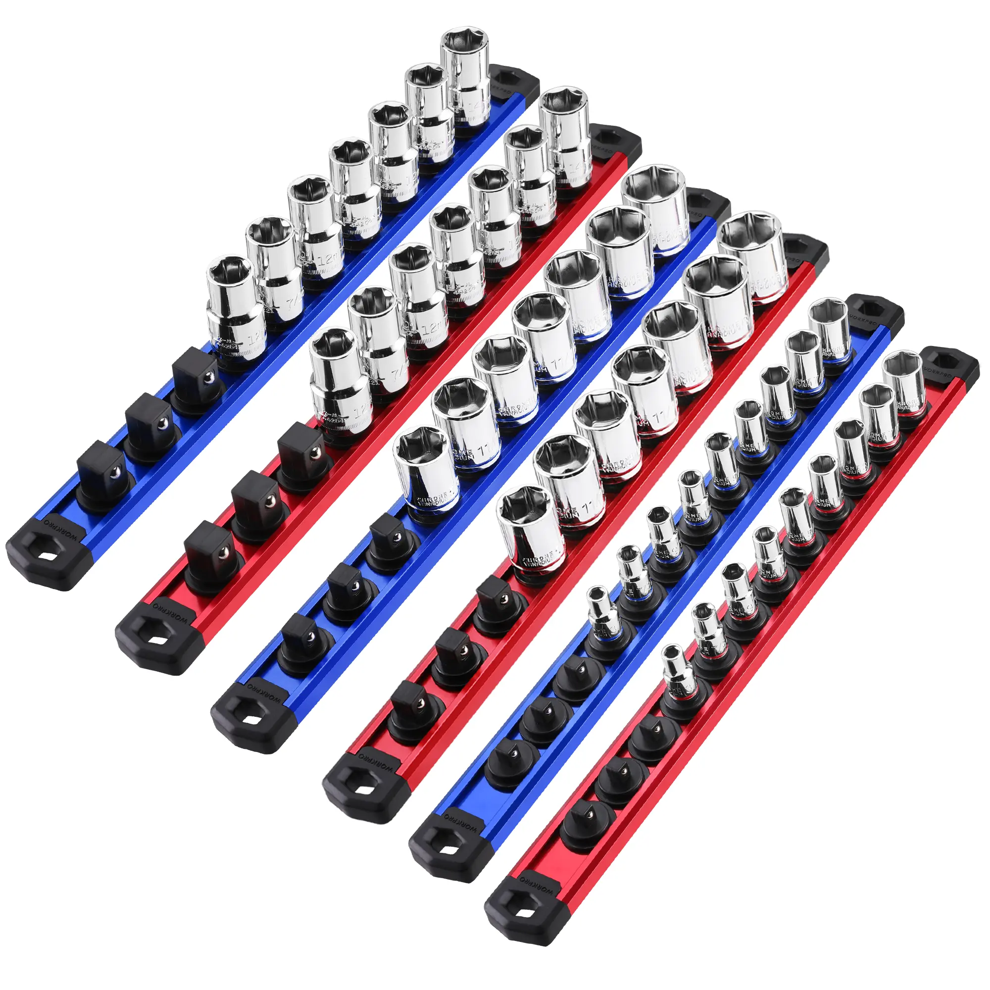 #summersale WORKPRO Magnetic Socket Organizer Set, 6-Piece Aluminum Alloy Socket Rail, Heavy Duty Socket Holder, Socket Rack Kit 1/4-Inch x 12 Clips, 3/8-Inch x 10 Clips, 1/2-Inch x 10 Clips (Socket not Included)