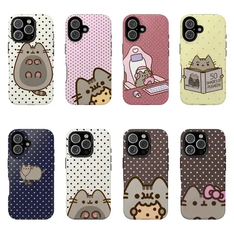 Pusheen The Cat Shockproof Smartphone Case - Polka Dot Protective Cover for iPhone 16/15/14/13/12/11 Pro Max, Galaxy S25/S24/S23 Ultra Handheld Devices, Cute Phone Accessories, Christmas Gift