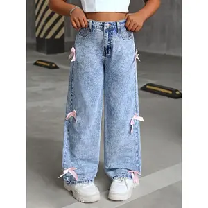 New Fashionable Wide-Leg Jeans with Bow Decoration.Pants Cute Denim Baggy Womenswear Bottom Trouser Streetwear Light Blue Loose