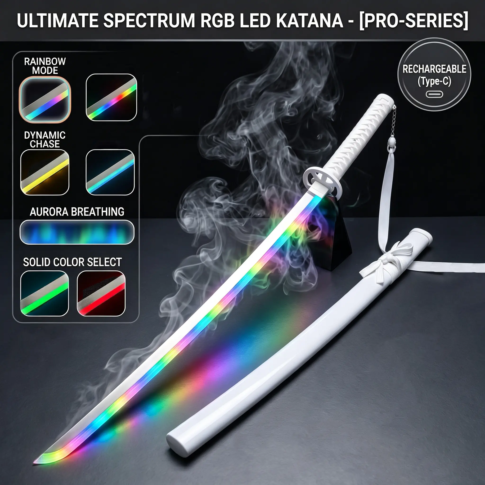 Anime "One Piece Zoro" Cosplay Prop Set – Snow Sword with Glowing Mist Effect & Sword Aura, Includes Scabbard & Unsheathed Sword, Wooden Knife with Sheath, USB Rechargeable LED Samurai Sword. Neopixel Lightsaber, Portable Rechargeable Lightsaber