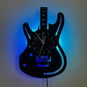 Colorful LED vinyl art wall clock, Creative decorative clock, guitar shape, for home, office, hotel decoration, Valentine's Day, Christmas, birthday gift, art collection for music lovers