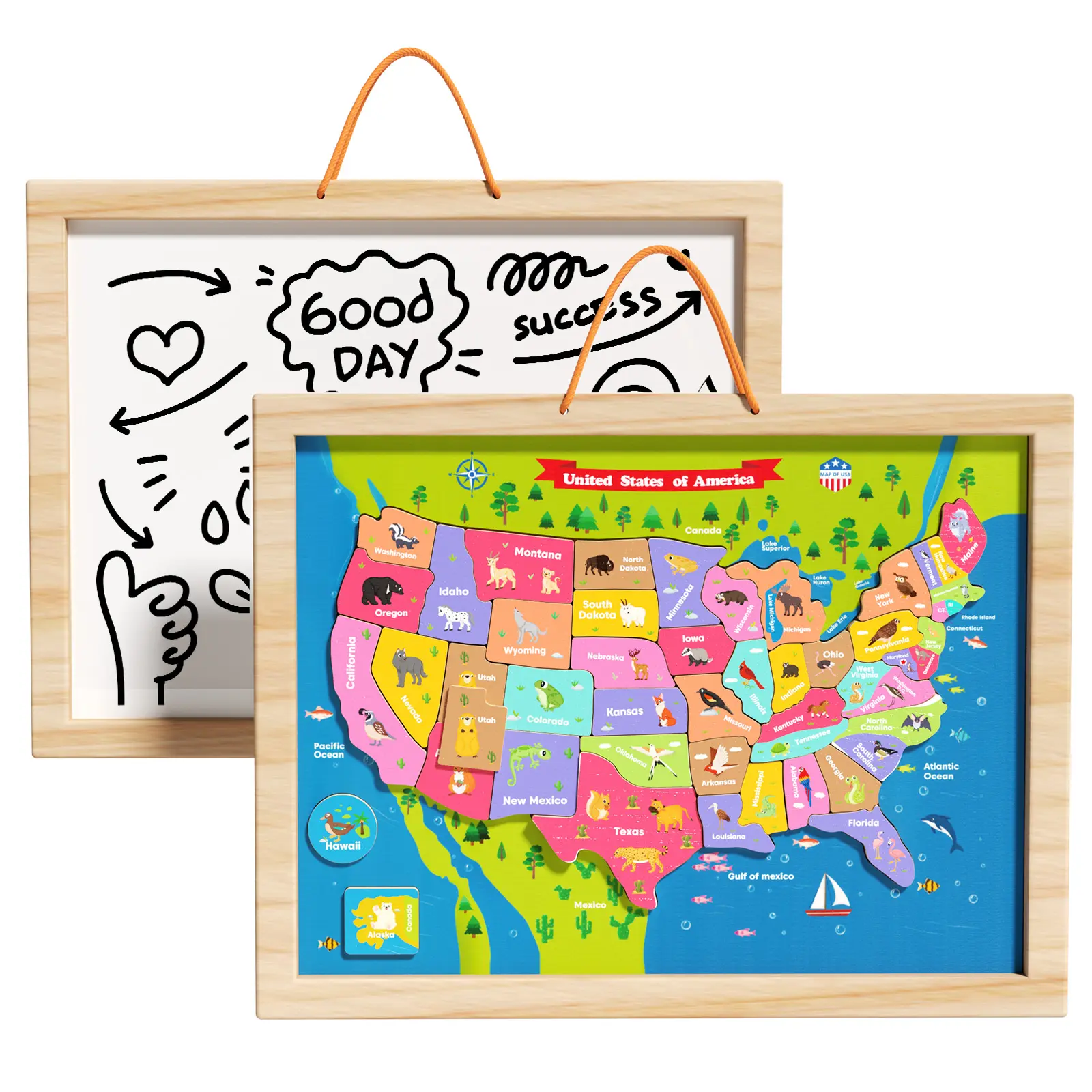 Wooden Magnetic US Map Puzzle for Kids Ages 3-8, Double Sided Montessori Geography Learning Board, Jigsaw Toy with Drawing Whiteboard, Educational Gift for Boys & Girls