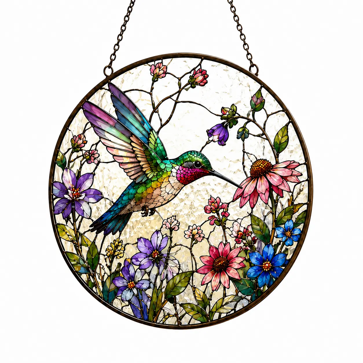 Colorful Bird Stained Glass Style Window Hanging Suncatcher with Flowers & Crystal-Style Pendant, Floral Garden Window Decor