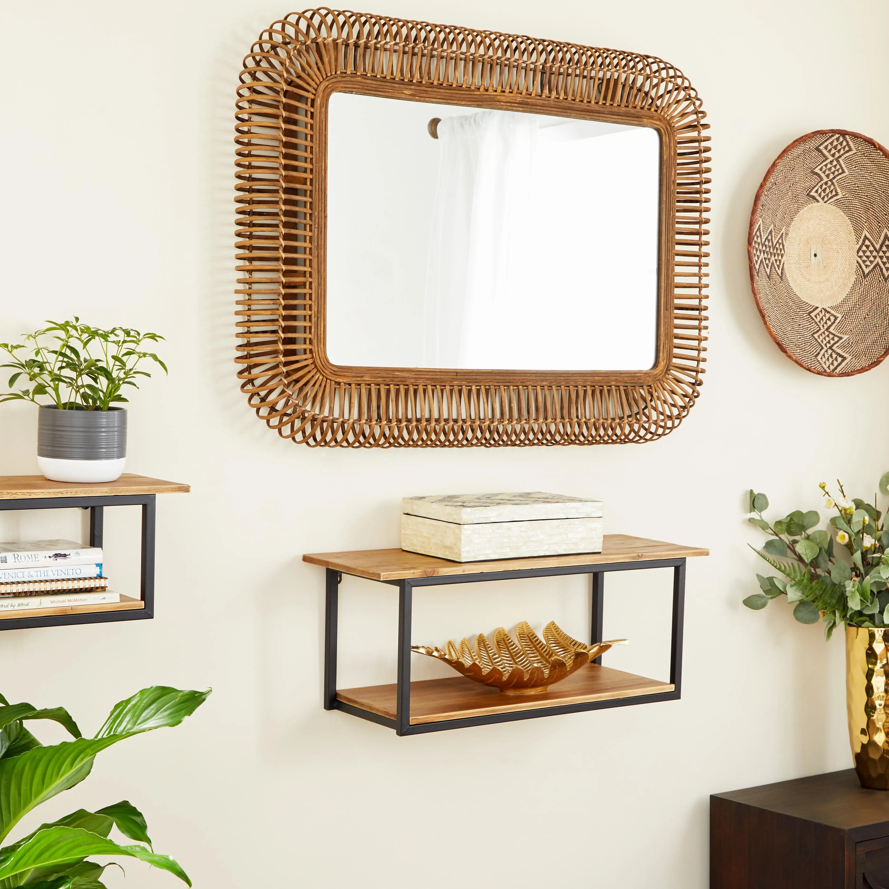 Handmade Tribal Brown Wood Woven Wall Mirror - 28"x4"x39" for Room Decor, Wall Decor, Traditional