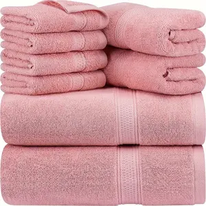 New 8-Piece Pink Bath Towel Set: Super Soft Absorbent & Stylish Cotton Towels with Geometric Design for Home Spa Salon & Travel