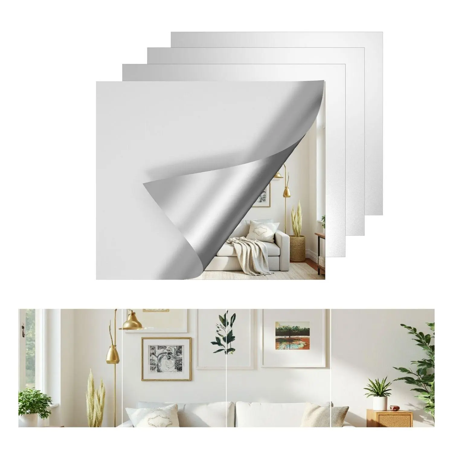 Frameless Glass Full Length Mirror Tiles 4 Piece Set, Wall Mounted for Bedroom Home Gym Door, HD Float Glass with Frosted Edges, Easy Stick-on Installation