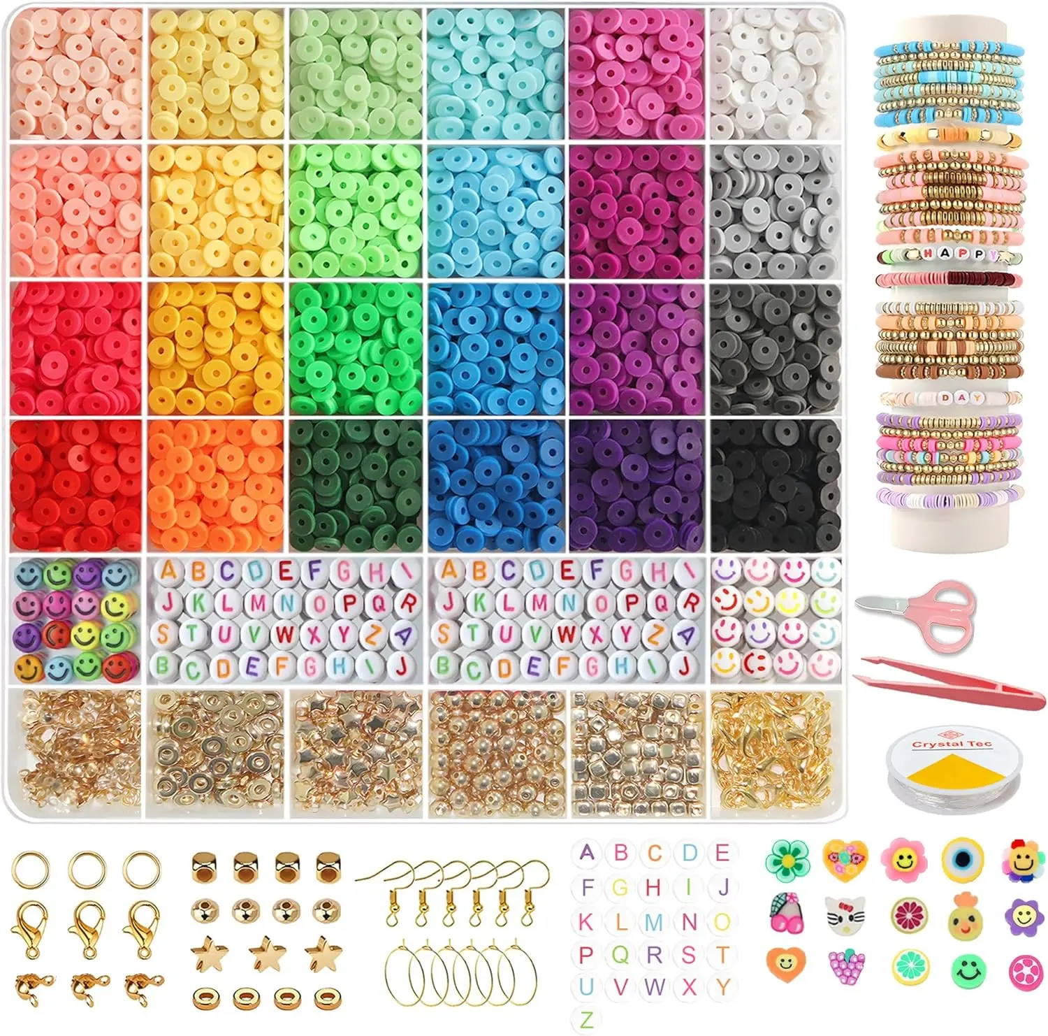 6000+ Pieces Bracelet Making Kit 24 Colors Round Flat Polymer Clay Beads Kit