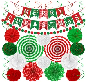 28PCS Christmas Decorations, Christmas Banner Paper Fans Set, Red White Green Pompom Garland Paper Fans Hanging Swirls for Xmas Party Decorations Accessories Indoor Supplies Decor Ugly Sweater Set