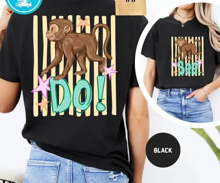 Men Women Double‑Sided Print T‑Shirt, Funny Retro Monkey See Do Star Stripes Graphic Tee, Casual Short Sleeve Crew Neck Streetwear Top For Daily Party Gift