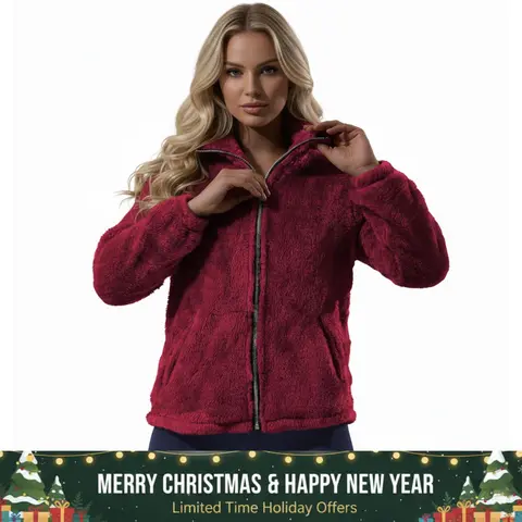 Off-Season Clearance Oversized Women's Sherpa Fleece Jacket – Full-Zip Cozy Teddy Coat, Soft Plush Stand Collar, Two Pockets, Casual Travel Winter Loungewear Outerwear Dressing Gowns