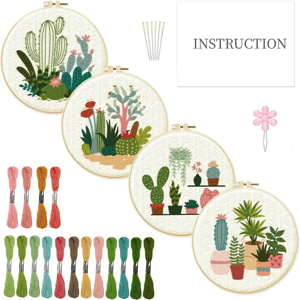 Cactus Pattern Embroidery Starter Kit, Including Embroidery Cloth, Hoop, Floss, Needle, Threader & Shear, Cross Stitch Embroidery for Beginners, Gifts