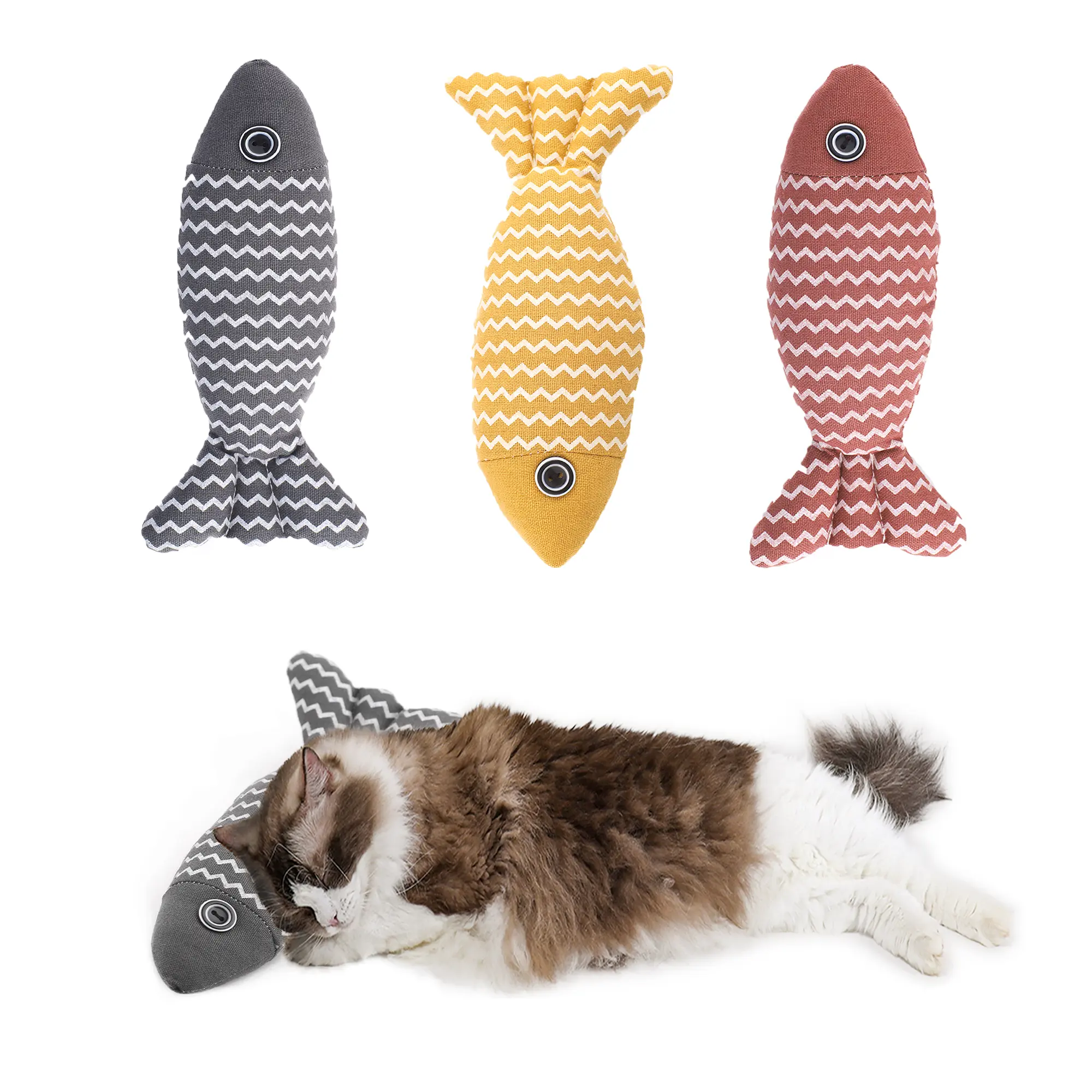 homelifthub Cat Catnip Toy for Indoor Cats, Cute Fluffy Cat Calming Pillow Toy, Soft Cat Catnip Toys Pillow, Linen Chew Kitten Toy, Cute Fish Pillow for Cat Sleeping 3 Pack (Red+Yellow+Grey)