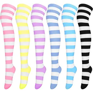 6 Pairs Thigh High Socks Over Knee High Stockings Extra Long Leg Warmers for Women Mixed Candy Color Stripes, One Size