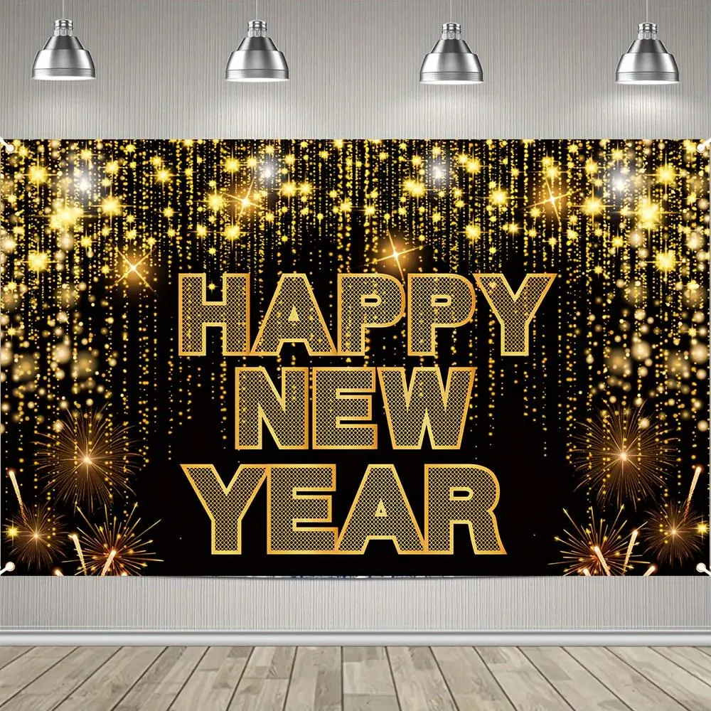 1pc 2D Flat Happy New Year Party Banner - 70.8" x 43.3" Black & Golden Wall Decoration Durable Polyester Reusable Home Celebration Supplies Party Decorations New Year Decoration Banner * White