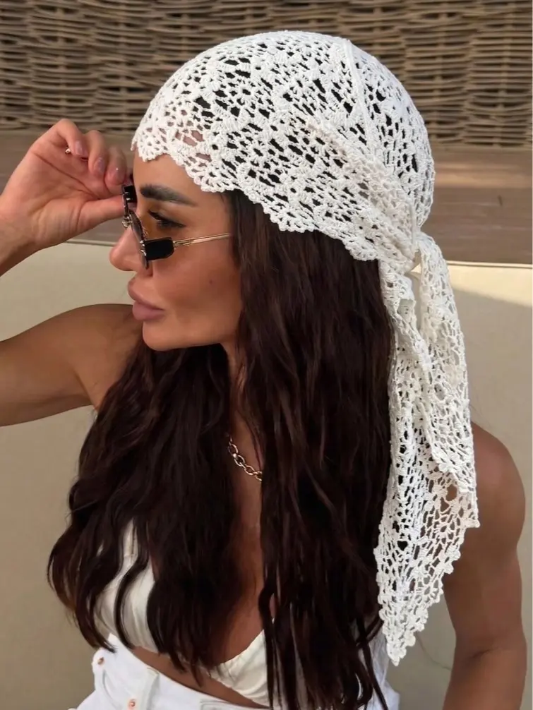 1pc Crochet Lace Headscarf, Bohemian Style Knitted Headwrap, French Vintage Hollow Out Hair Band, Summer Beach Women Hair Accessory, Boho Chic