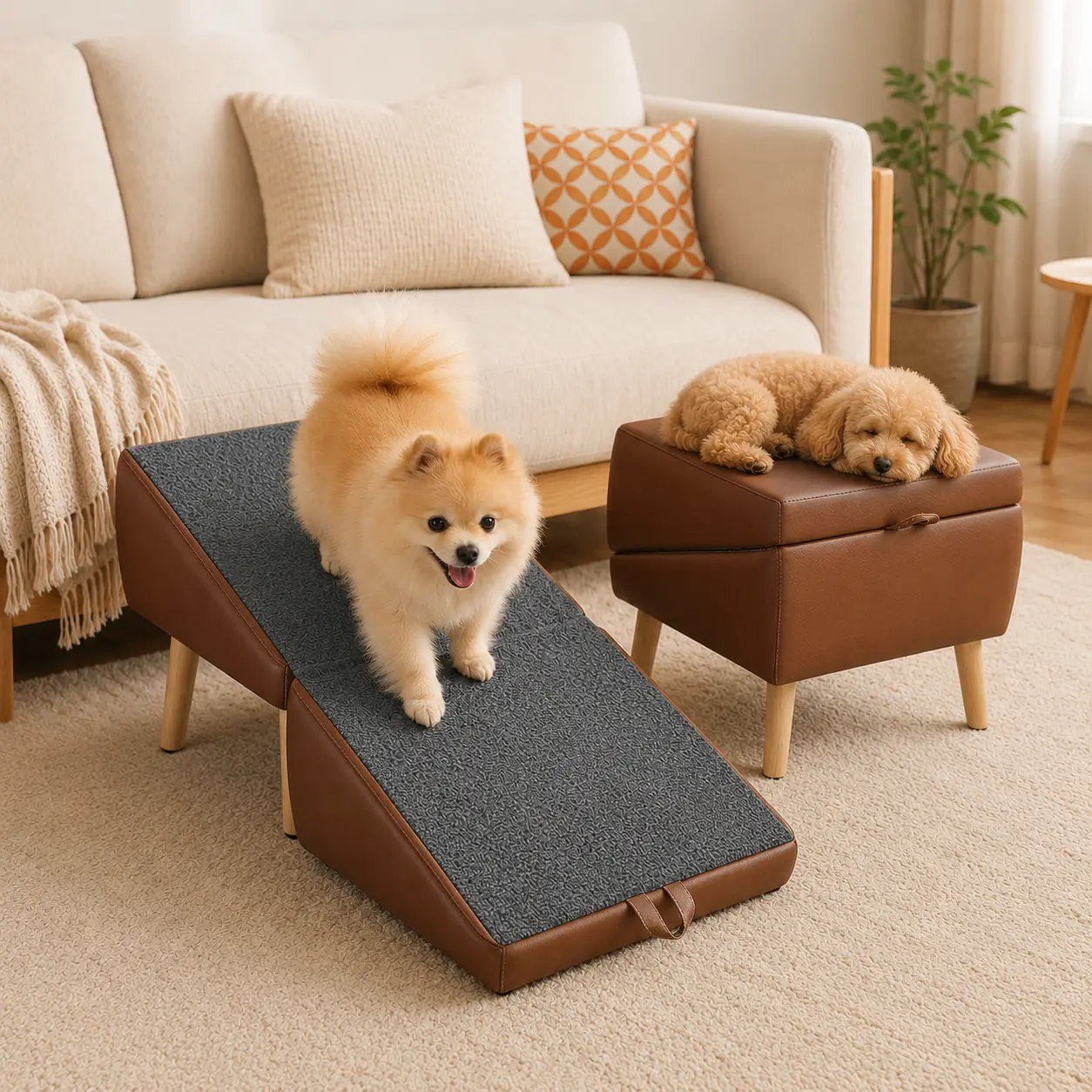 Pet 2-in-1 Foldable Ottoman Ramp-Stairs Combo - Non-Slip Wooden Steps for Small/Senior Dogs, Couch Use, Multiple Styles Available