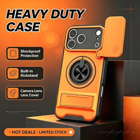 Shockproof Phone Case Cellphone Cover Accessories - Metal Armor Shell Full-Body Protection with Kickstand, Slide Camera Shield, Compatibility with iPhone 11-18 Pro Max, Samsung Galaxy S20-S26 Ultra Plus FE