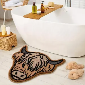 Highland Cow Tufted Rug Bath Mat Scottish Long Horn Fluffy Cow Bathroom Shower Mat Softness Bathmat Aesthetic Floor Carpet for Bedroom Farmhouse Home