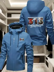 Men's Detroit Theme Motorcycle Print Jacket, Full Zip Hooded Windbreaker, Polyester, Spring & Fall Casual Outdoor Wear
