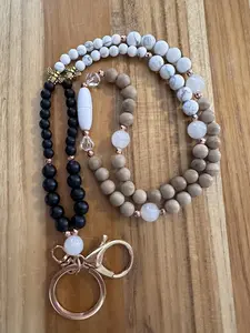Handmade Natural Gemstone and Wood bead black and White Lanyard featuring Onyx, white howlite, gold bumble bees, White jade, Crystal Quartz, and a breakaway clasp, perfect ID badge Lanyard gift
