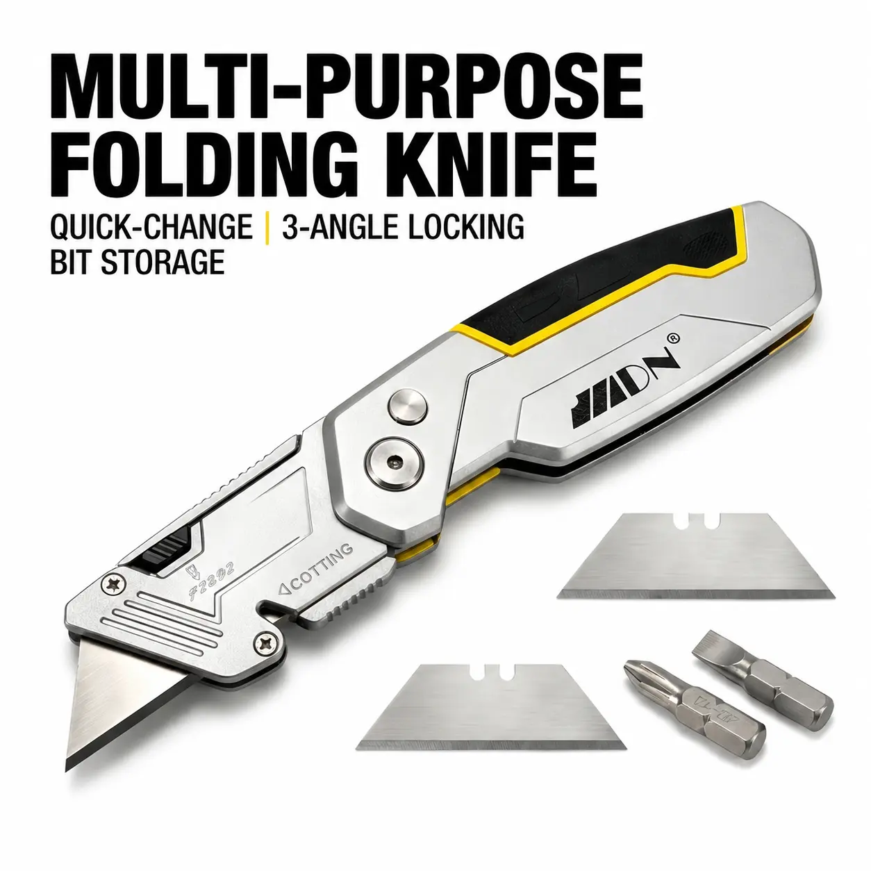 Heavy-Duty Folding Multitool - 2-in-1 Box Cutter & Screwdriver, Durable Material, Quick-Replace Retractable Blades, 2 Spare Blades, Built-In Flat/Cross Heads, Pocket Clip, Ideal for Cutting Tasks Dad Gifts, Husbands, Warehouse Work, EDC Gear