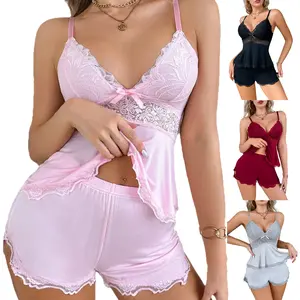 Women Pajama Set Lace Short PJ Set  V Neck Sleeveless Sleepwear Drawstring Waist Nightwear