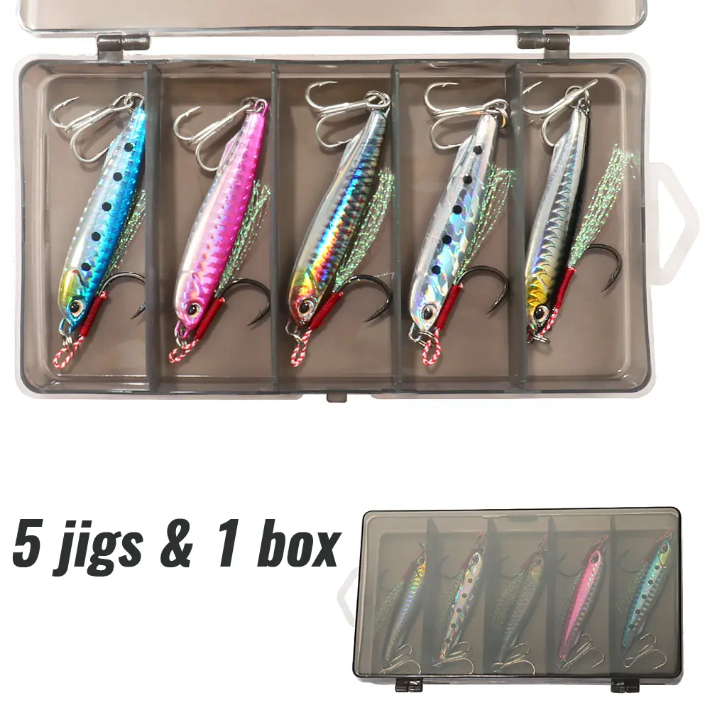 GOBAIT Metal Jig Fishing Lures 5pcs Set, Fast Sinking Jigging Lure with Treble Hooks, 3/8oz, 3/4oz, 1oz, 1-1/2oz Saltwater Freshwater Fishing Baits