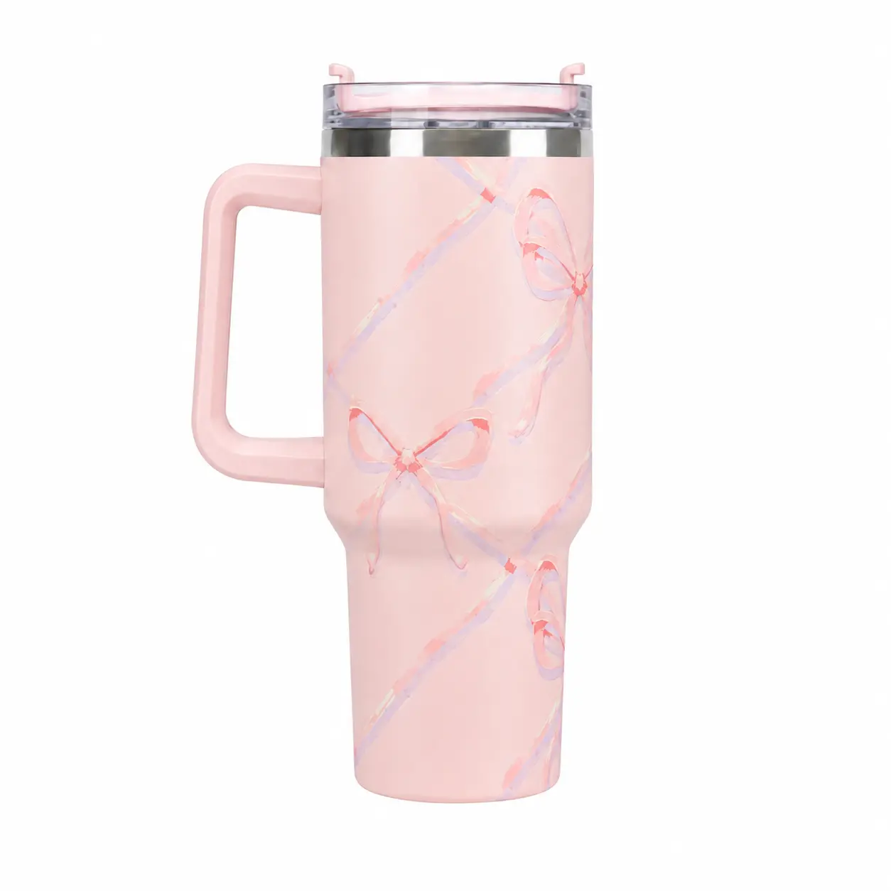 40 oz Pink Bow Insulated Tumbler with Handle, Stainless Steel Vacuum Travel Mug, Double Wall Hot & Cold Drink Cup, Cute Coquette Water Tumbler for Women, Birthday & Valentine’s Day Gift