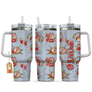 [Sip40 Otaku] Studio Ghibli Ponyo 40oz Tumbler With Handle – Cute Anime Stainless Steel Travel Mug, Ocean Aesthetic Cup, Iced Coffee Thermos, Kawaii Gift for Anime Lovers