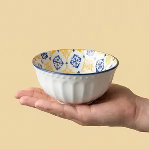 Blue Yellow Pattern Ceramic Bowls Set, Vintage Embossed Rice Soup Cereal Bowls, Glazed Kitchen Dinnerware for Home Dining