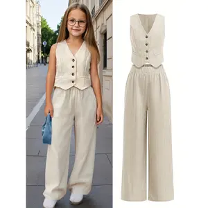 Girls' clothing: Summer teenage girls' casual woven striped sleeveless vest paired with loose trousers set, girls' fashionable suit vest and trousers set, children's fashionable casual trousers set, suitable for spring, summer and autumn