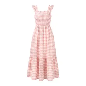 Women Summer Dresses Casual Square Neck Ruffle Strap Gingham Smocked Midi Flowy A Line Beach Vacation Sun Dresses With Pockets